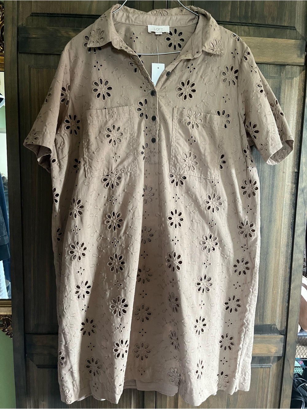 LOFT Eyelet Shirt Dress in Taupe 100% cotton NWT